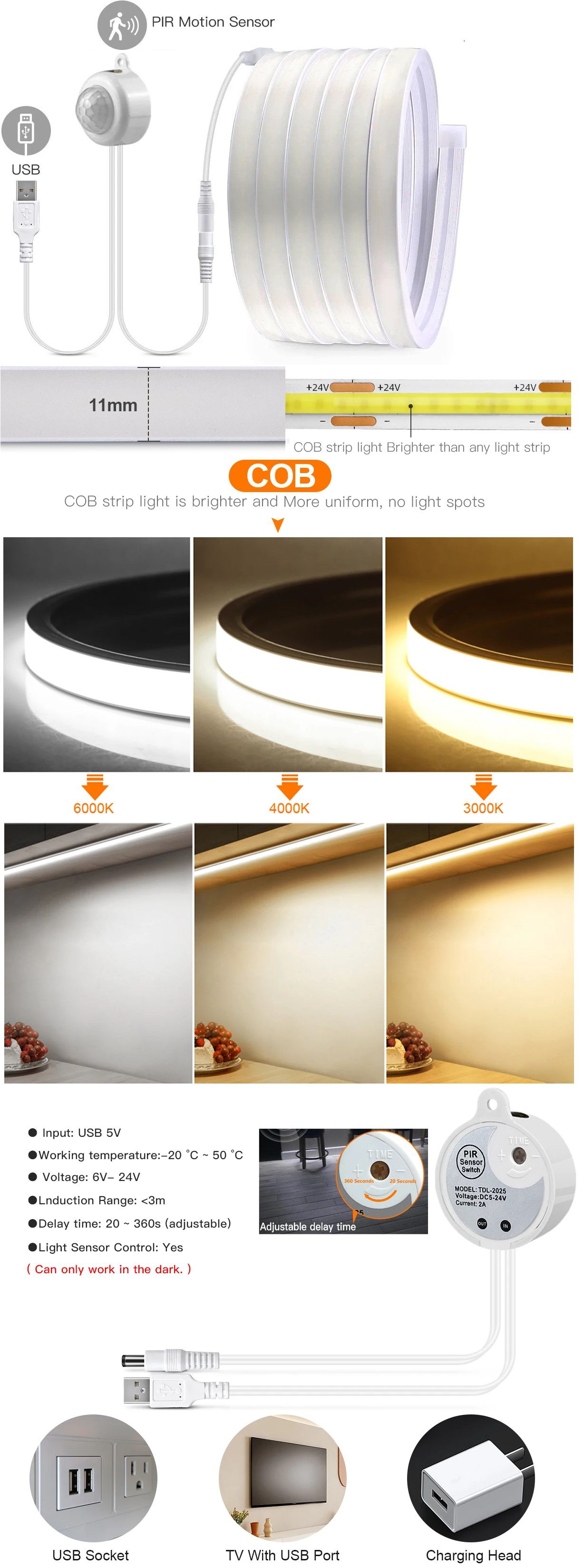 Tiras de Led sensor Pir USB